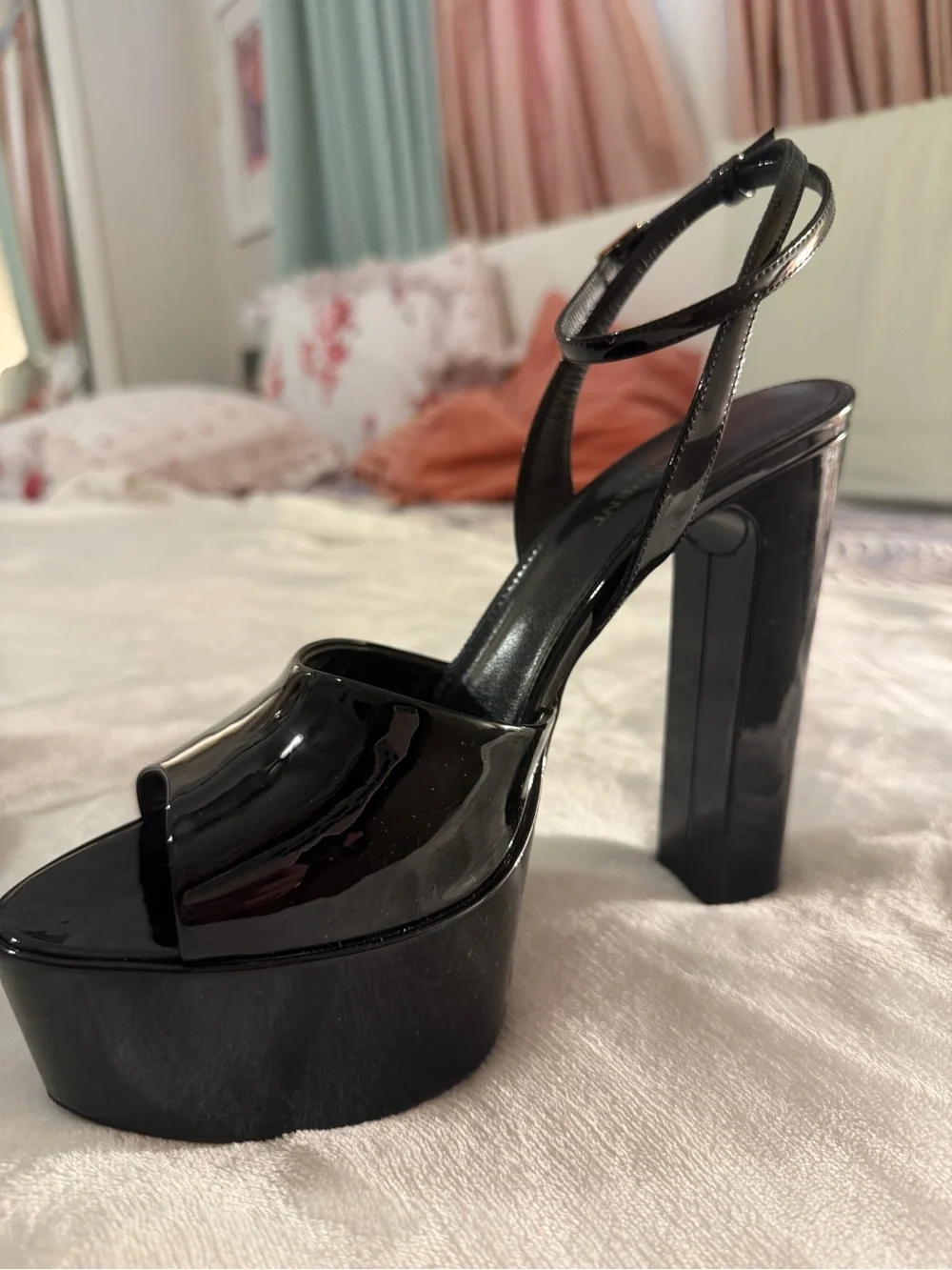 Saint Laurent Black Patent Leather Platform Open-Toe Sandals